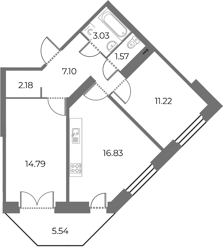 2-комнатная квартира 58.38 м², 16/18 эт., ЖК «Огни Залива»
